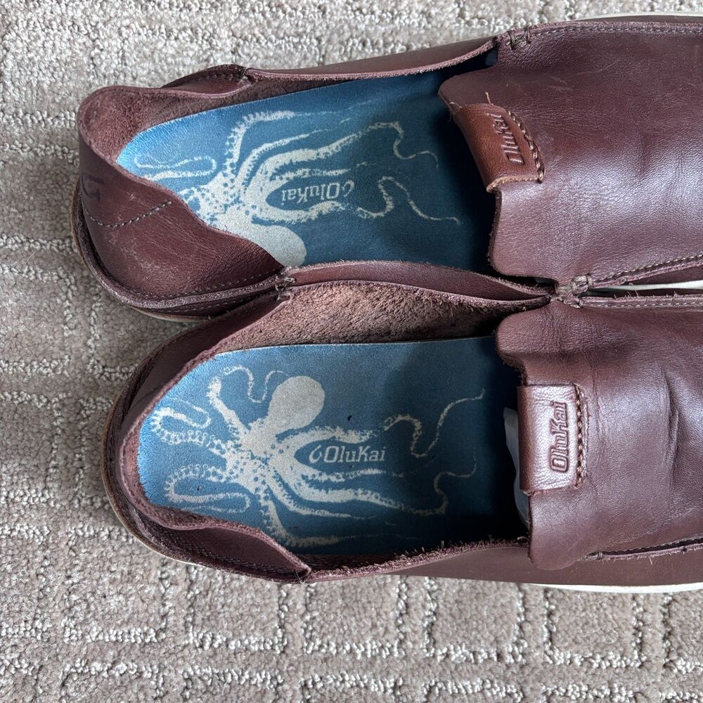 OluKai Nalukai Leather Slip On Shoes Men 12 Brown Loafer Preppy Casual Drop Heel - Picture 6 of 9